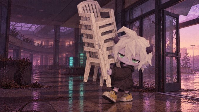 An anime-style illustration of a small white-haired character with horns stacking chairs in a dimly lit, rainy abandoned building.