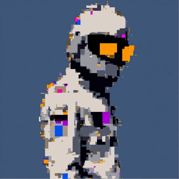 A pixelated, abstract digital art piece featuring a figure made of blocky shapes in white, gray, black, orange, and magenta against a blue background.