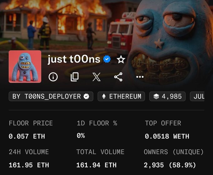 The image shows an NFT project page for "just t00ns," displaying a floor price of 0.057 ETH, 24h volume of 161.95 ETH, and 2,935 unique owners, with a large cartoonish blue character set against a burning house backdrop—visually tying into the post's excitement about missing a 9x NFT runner and getting ready to grind new NFT opportunities.