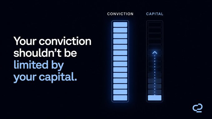 A dark-themed promotional graphic reads "Your conviction shouldn't be limited by your capital." alongside two vertical bar charts labeled "CONVICTION" (fully filled) and "CAPITAL" (partially filled with an upward arrow), visually illustrating how the o2 app bridges the gap between strong trading conviction and limited capital.
