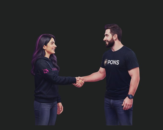 Two people wearing black 'PONS' branded shirts smile and shake hands against a dark background.