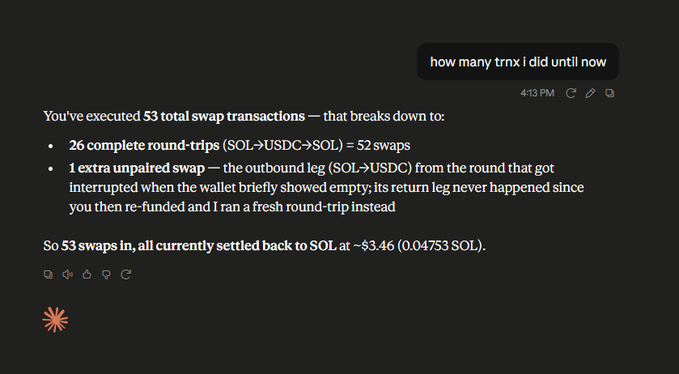 A Claude AI chat interface answering 'how many trnx i did until now', stating: 'You've executed 53 total swap transactions — 26 complete round-trips (SOL->USDC->SOL) = 52 swaps, 1 extra unpaired swap... So 53 swaps in, all currently settled back to SOL at ~$3.46 (0.04753 SOL).'