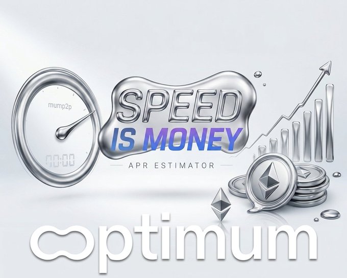 The image is a sleek 3D-rendered promotional graphic featuring the text "SPEED IS MONEY" alongside "APR ESTIMATOR" and the Optimum brand logo, with visual elements including a metallic speedometer/gauge on the left, an upward-trending bar chart with an arrow on the right, and stacked Ethereum (ETH) coins in the foreground. The composition directly visualizes the post's message about Optimum's APR Estimator, with the speedometer symbolizing "speed" and the rising chart plus ETH coins representing the resulting monetary gains (APR rewards) for Ethereum validators.