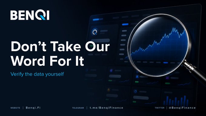 A promotional banner for BENQI with the tagline "Don't Take Our Word For It - Verify the data yourself," featuring a magnifying glass over data charts, with social handles @BenqiFinance and website Benqi.Fi.