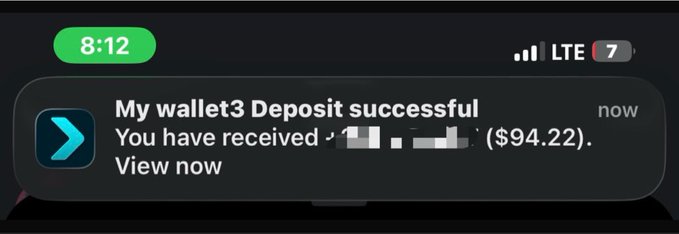 iPhone notification at 8:12 from wallet3 announcing 'My wallet3 Deposit successful' with a received amount of $94.22.