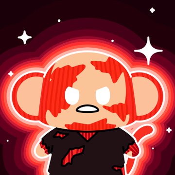 A digital illustration of a monkey-like character with glowing red eyes and red markings, set against a dark background with sparkles and a red aura.