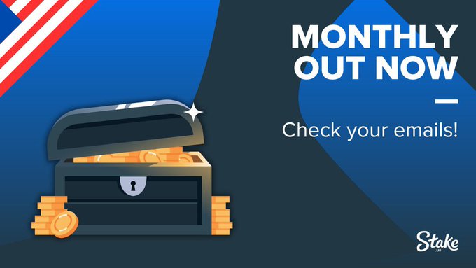 A promotional graphic from Stake featuring an open treasure chest filled with gold coins against a blue background with the text "MONTHLY OUT NOW — Check your emails!" The image visually reinforces the post's announcement that Stake's monthly bonus has been released, encouraging users to check their emails to claim it.