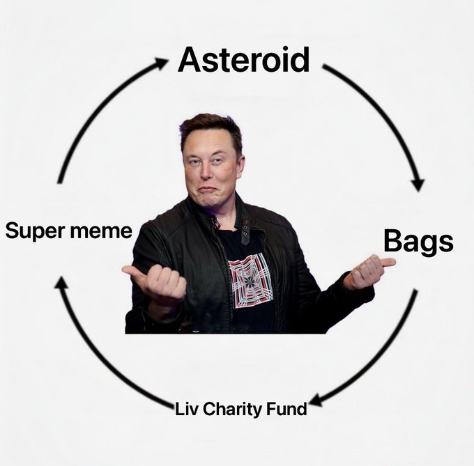 The image shows Elon Musk shrugging in the center, surrounded by a circular cycle of four arrows labeled "Asteroid," "Bags," "Liv Charity Fund," and "Super meme," representing the $ASTEROID token's ecosystem. This illustrates the post's point that $ASTEROID's value comes from a sustainable, long-term cycle rather than short-lived hype from a single celebrity endorsement.