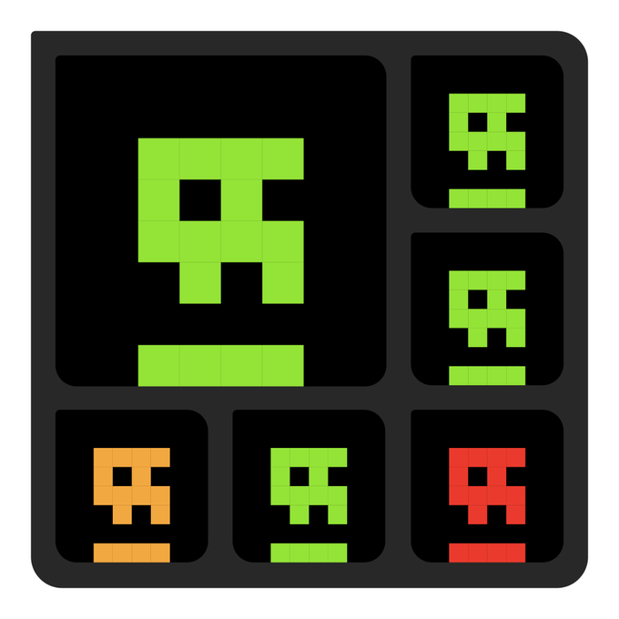 A digital illustration showing a large green pixel art skull-like icon alongside smaller variations in green, orange, and red.