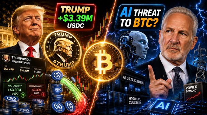 The image contrasts Donald Trump's $3.39M USDC gain from the TRUMP/USDC liquidity pool with Peter Schiff's warning that AI threatens Bitcoin, visually depicting both narratives.