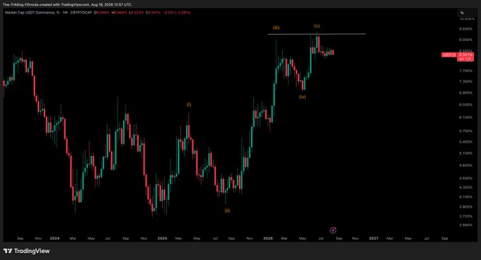 The image shows a weekly TradingView chart of US100 (USDT Dominance) spanning 2024 through 2027, highlighting an Elliott Wave pattern with peaks at points (i), (ii), (iii), and (iv), with dominance currently around 8.065%. The post suggests that a decline in USDT dominance would be a bullish signal for crypto markets in 2026, as falling stablecoin dominance typically indicates capital rotating into cryptocurrencies.