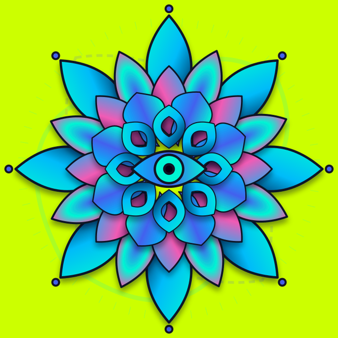 A symmetrical mandala-style flower design in vibrant blues, cyans, and pinks set against a bright yellow-green background.