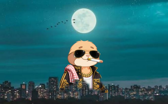 An animated cartoon character resembling the Cheems dog meme, wearing sunglasses, a gold chain, and a black and gold jacket with a towel over his shoulder, smoking a cigarette against a night cityscape with a full moon.