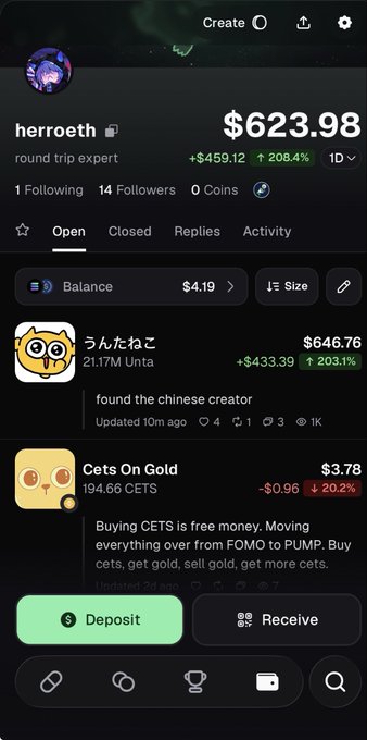 A mobile screenshot of a crypto trading profile showing "herroeth" with a $623.98 portfolio (+208.4%), holding "うんたんねこ" at $646.76 and "Cets On Gold" at $3.78, illustrating the post's point about easily buying meme tokens on @Pumpfun via phone.