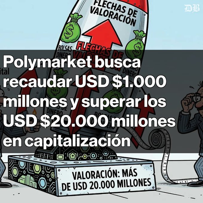 A cartoon illustration of a rocket ship labeled 'FLECHAS DE VALORACIÓN' and 'VALORACIÓN: MÁS DE USD 20.000 MILLONES' with Spanish text overlay reading 'Polymarket busca recaudar USD $1.000 millones y superar los USD $20.000 millones en capitalización'.