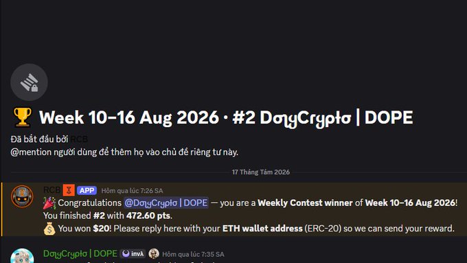 The image shows a Discord notification congratulating user @DøyCryptø | DOPE for finishing #2 in the "Week 10–16 Aug 2026" contest with 472.60 points and winning $20 in ETH, aligning with the post celebrating their 2nd place finish in the RetiumChain content campaign.