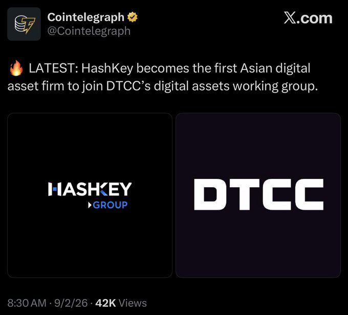 A Cointelegraph X.com post reads: 'LATEST: HashKey becomes the first Asian digital asset firm to join DTCC's digital assets working group,' featuring the HashKey Group and DTCC logos.