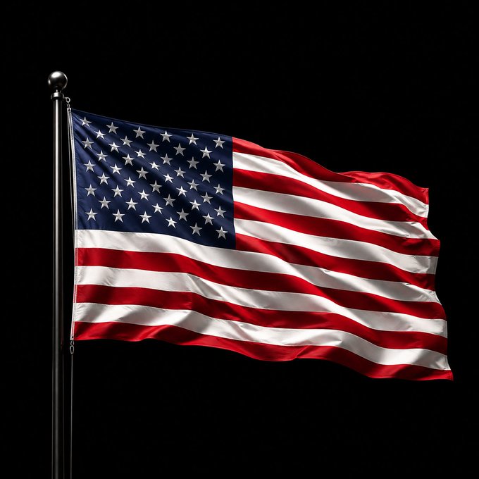 An American flag waving on a flagpole against a black background, showing the stars and stripes in vivid red, white, and blue.
