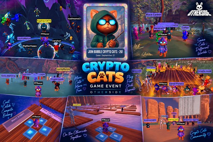 A collage of vibrant screenshots captures the "CRYPTO CATS GAME EVENT" on Otherside, where avatars like FFRacer, LuckyMotya, and Banarra3 gather in colorful virtual environments on September 21st to "JOIN JUBLE CRYPTO CATS -26!" The images showcase player interactions and community engagement, reflecting the fun, social atmosphere described in the post hosted by @kopirax_blog, @lucky_motya, and @ApeChainHUB for the #Bubble_CATS_26 event.