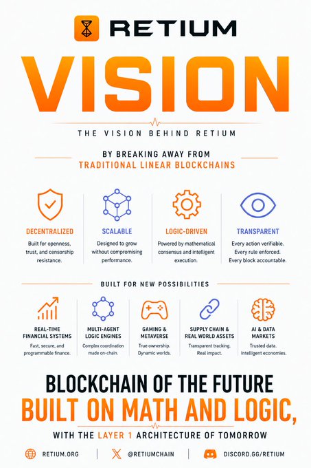 The image features a poster or flyer for a company called Retium, which is focused on creating a new type of blockchain that uses math and logic to build secure, scalable, and transparent systems. The poster highlights the vision behind Retium's approach to blockchain technology, emphasizing its potential to revolutionize the way we think about and use digital assets.