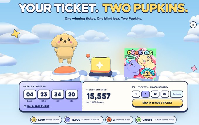 A colorful Popkins raffle webpage shows “YOUR TICKET. TWO PUPKINS.” and “One winning ticket. One blind box. Two Pupkins.” A countdown reads “04 23 34 20,” and the interface shows “TICKET ENTERED 15,557 for 1,800 boxes,” with buttons labeled “1,” “5,” “10,” “25,” and “Custom.”
