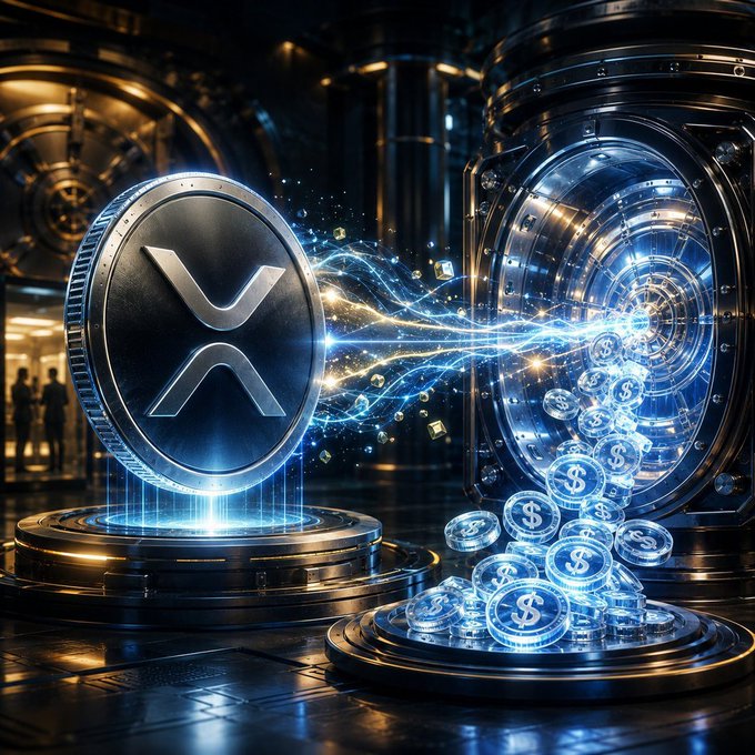 A futuristic digital artwork showing a large XRP coin on a glowing platform, with energy streams connecting to a vault door from which luminous dollar coins are flowing out.