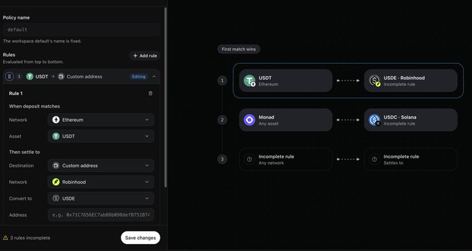A dark-themed software interface shows a policy configuration screen titled 'default' with rules for converting USDT on Ethereum to USDE on Robinhood.