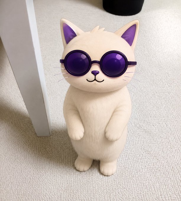 A cream-colored plush cat toy wearing oversized purple sunglasses sits on a beige carpet.