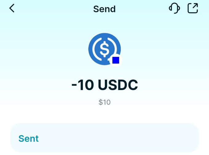 A mobile app screenshot showing a completed USDC transaction of -10 USDC ($10) with a 'Sent' confirmation at the bottom.