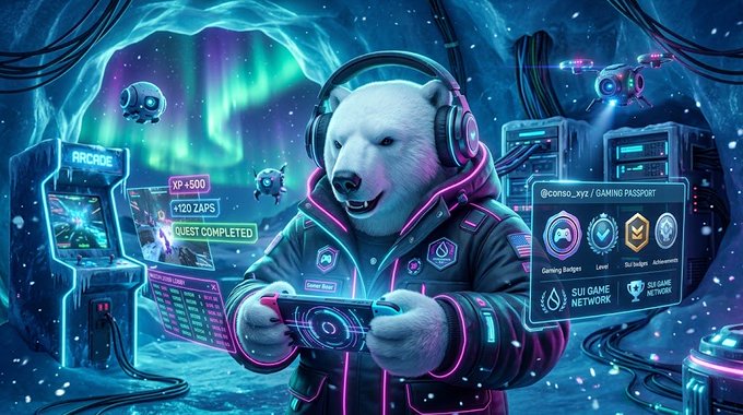 A vibrant digital illustration depicts a polar bear wearing neon-lit gaming headphones and a jacket, holding a controller amidst arcade machines and gaming interface elements with text like 'XP+500', '+120 ZAPS', 'QUEST COMPLETED', 'Gaming Badges', and 'SUI GAME NETWORK'.