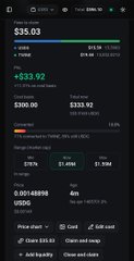 A mobile trading app screenshot displaying a portfolio with $35.03 balance, a +$33.92 gain, and an 'ENB' position worth $300.00, showing market data and trade options.