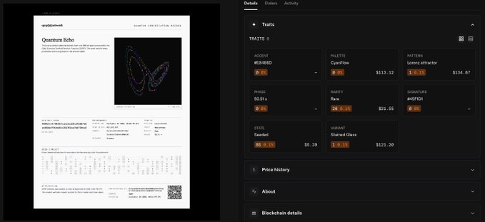 A digital interface showing an NFT called 'Quantum Echo' from the 'Adaptive Variation Noise' collection alongside a panel of traits including 'ACCENT', 'PALETTE', 'PATTERN', 'PHASE', 'RARITY', 'SQUARENESS', 'STATE', and 'VARIANT' with their respective percentages and price changes.