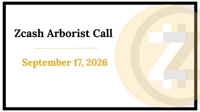 A presentation slide titled 'Zcash Arborist Call' with the date 'September 17, 2026' displayed next to a large Zcash (Z) logo.