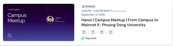 An event listing card for the Aptos Hanoi Campus Meetup on September 15, 2026, from 2:00 PM to 4:30 PM GMT+7 at Phuong Dong University, hosted by Lester Vu, currently registered.