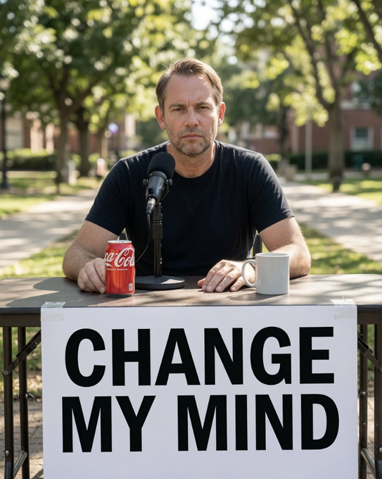A serious-looking man sits at an outdoor table with a "CHANGE MY MIND" sign, a Coca-Cola can, and a mug, with a microphone in front of him as if waiting to debate the bold claim that "Robinhood is the new Solana." The classic meme format invites viewers to challenge or defend this provocative comparison between the trading platform and the blockchain ecosystem.