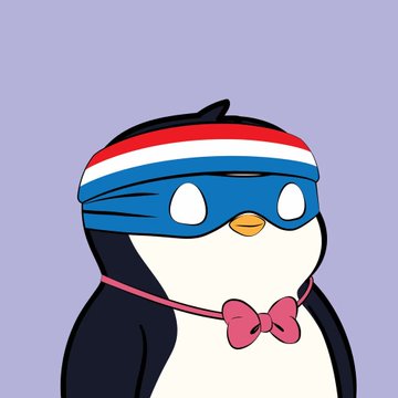 A cartoon penguin character wearing a red, white, and blue superhero mask and a pink bow tie, standing against a solid light purple background.