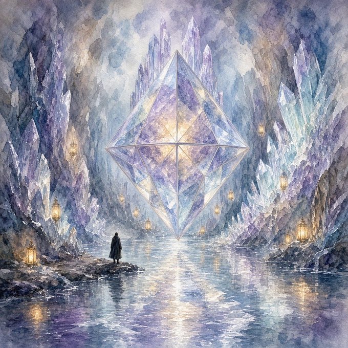 A lone cloaked figure stands at the edge of a crystalline cavern, gazing up at a massive, glowing octahedral crystal floating above a still subterranean lake—its geometric purity and radiant facets evoking Ethereum's role as a foundational, settlement-grade digital asset. Surrounding crystals and scattered lanterns suggest a hidden, sacred realm, mirroring the post's theme of Ethereum as "The Global Settlement Layer" that quietly anchors the architecture of decentralized finance.