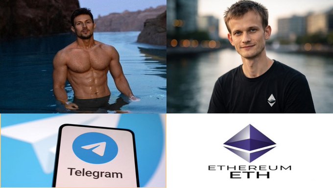 The image shows a split-screen featuring Pavel Durov shirtless in water (top left), Vitalik Buterin in a black shirt (top right), the Telegram logo on a phone (bottom left), and the Ethereum (ETH) logo (bottom right). It illustrates the post's point about Russian-born creators Pavel Durov (Telegram) and Vitalik Buterin (Ethereum) developing two of the world's most influential decentralized platforms.