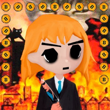 A cartoon character with orange hair, wearing a suit and holding a knife, stands against a fiery background featuring a cat silhouette, framed by golden "B" coins—visually representing the "Based Banners" by @basedangelsbtc project mentioned in the post.