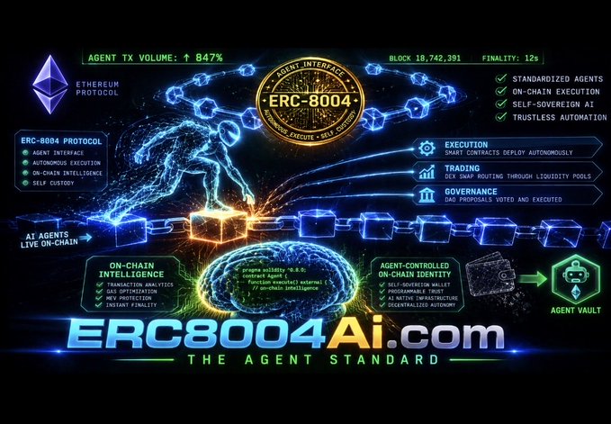 A futuristic promotional graphic for 'ERC8004Ai.com - THE AGENT STANDARD' featuring Ethereum protocol details, blockchain imagery, and AI agent features.
