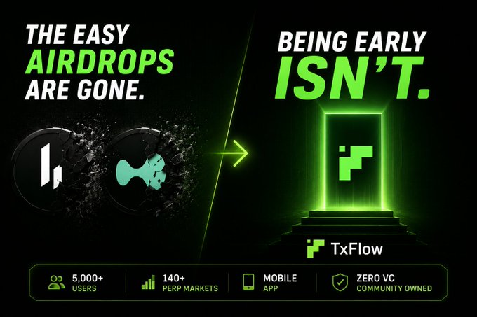 An advertisement stating 'THE EASY AIRDROPS ARE GONE' and 'BEING EARLY ISN'T,' promoting 'TxFlow' with stats including 5,000+ users, 140+ perp markets, a mobile app, and zero VC backing.