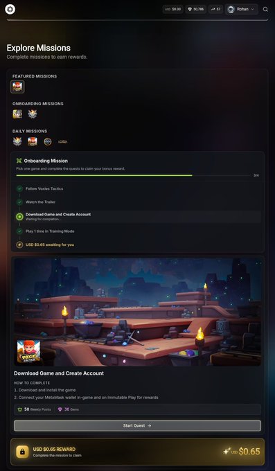 The main focus of this image is a screenshot from a computer screen, which showcases something interesting - an in-game quest that has been completed by the player. However, there are still other quests that need to be completed as part of the game experience, such as downloading the game and creating an account. The screen also displays text regarding @VoxieTactics offering a challenge called the @Immutable challenge: completing all the in-game missions in order, with the added twist that if they are not completed by the player, they will be marked as failed.