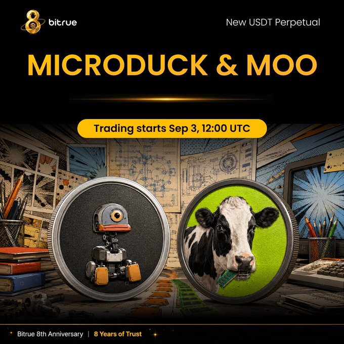 A Bitrue cryptocurrency advertisement for new USDT Perpetual contracts called 'MICRODUCK & MOO', with trading starting Sep 3 at 12:00 UTC, celebrating Bitrue's 8th Anniversary.