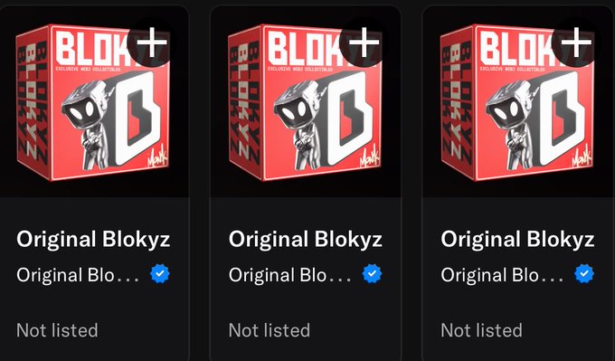 The image displays three "BLOK+" collectible blind box figurines featuring the "Original Blokyz" NFT character, marked as "Not listed" with verified checkmarks. This relates to the post as it shows the same "Original Blokyz" collectible boxes mentioned, with the user announcing they acquired one and promoting the upcoming public raffle at 2 PM UTC.