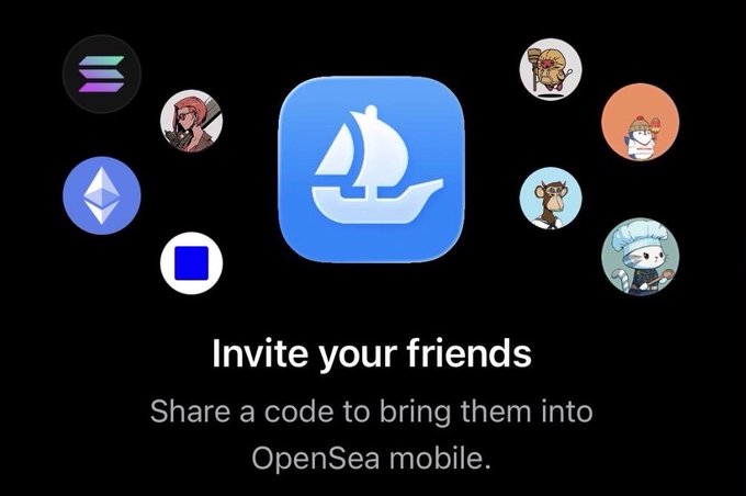 The image features a post with an invitation for people to invite their friends into OpenSea mobile. The text of the post encourages users to share a code to bring their friends into the app, specifically targeting loyal @MetaMask users or those who are interested in #pudgypenguins and #Clayonsaurz.