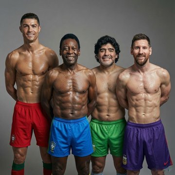 An AI-generated image showing four shirtless soccer players in colorful shorts (red, blue, green, purple) posing together, resembling famous footballers like Cristiano Ronaldo, Pelé, Diego Maradona, and Lionel Messi.
