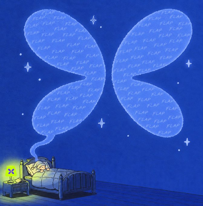 An illustration of a child sleeping in a bed while two large, butterfly-shaped clouds formed by the repeated word 'FLAP' appear in the night sky.
