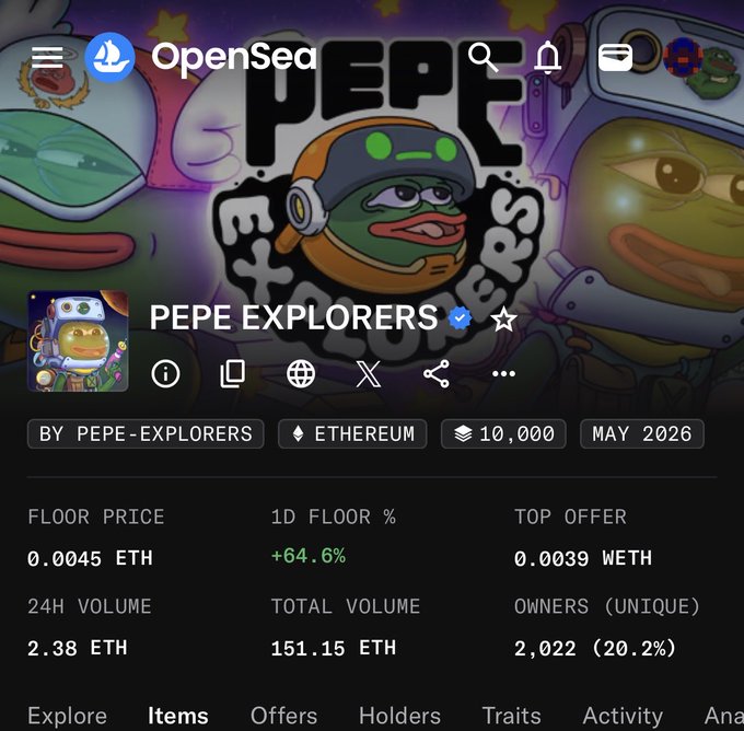 The image shows an OpenSea listing for the "PEPE EXPLORERS" NFT collection on Ethereum, displaying a floor price of 0.0045 ETH, 24-hour volume of 2.38 ETH, and 2,022 unique owners. The screenshot supports the post's claim by visually confirming the active marketplace where the user discovered their carefully selected favorites had been swept from above floor price.