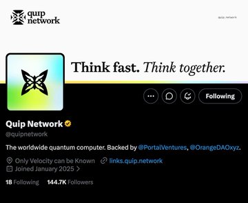 The image features a black background with white text that reads "Thinking fast. Think together." The text is accompanied by an illustration of a butterfly, which is a symbol often associated with change or transformation. The image also includes a social media account for Quip Network, and there are several mentions of the hashtag #quipnetwork on it.