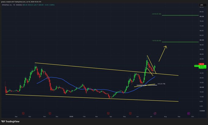A TradingView chart of WWhorlsCap Inc. (ticker: WYFI) on the 1-day timeframe shows the stock breaking out of a descending channel pattern, with a recent rally pushing prices toward the 1.618 Fibonacci extension level near $57.35, supporting the post's claim of an exceptionally bullish technical setup.